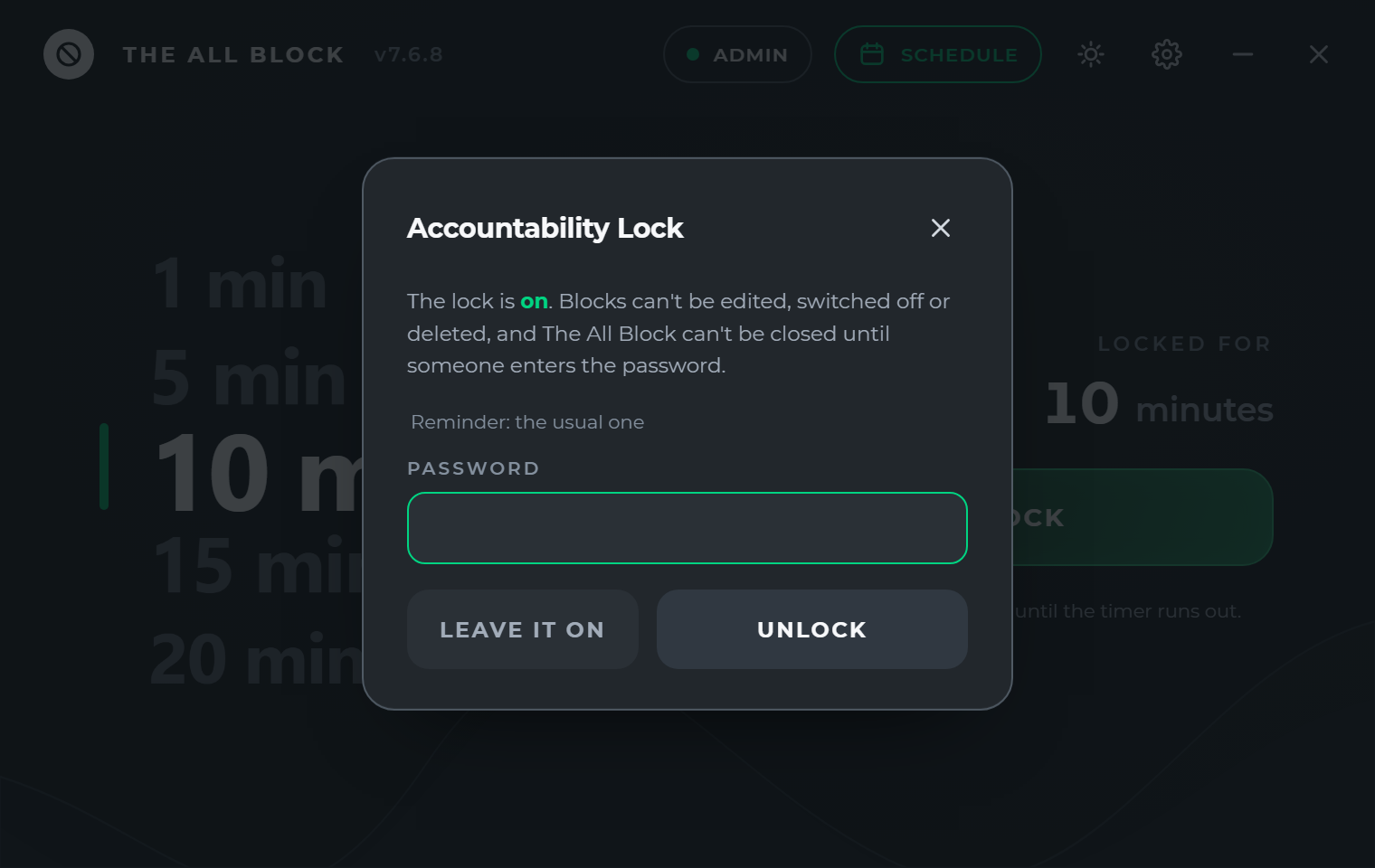 The Accountability Lock window in dark theme, with a password field and a reminder note