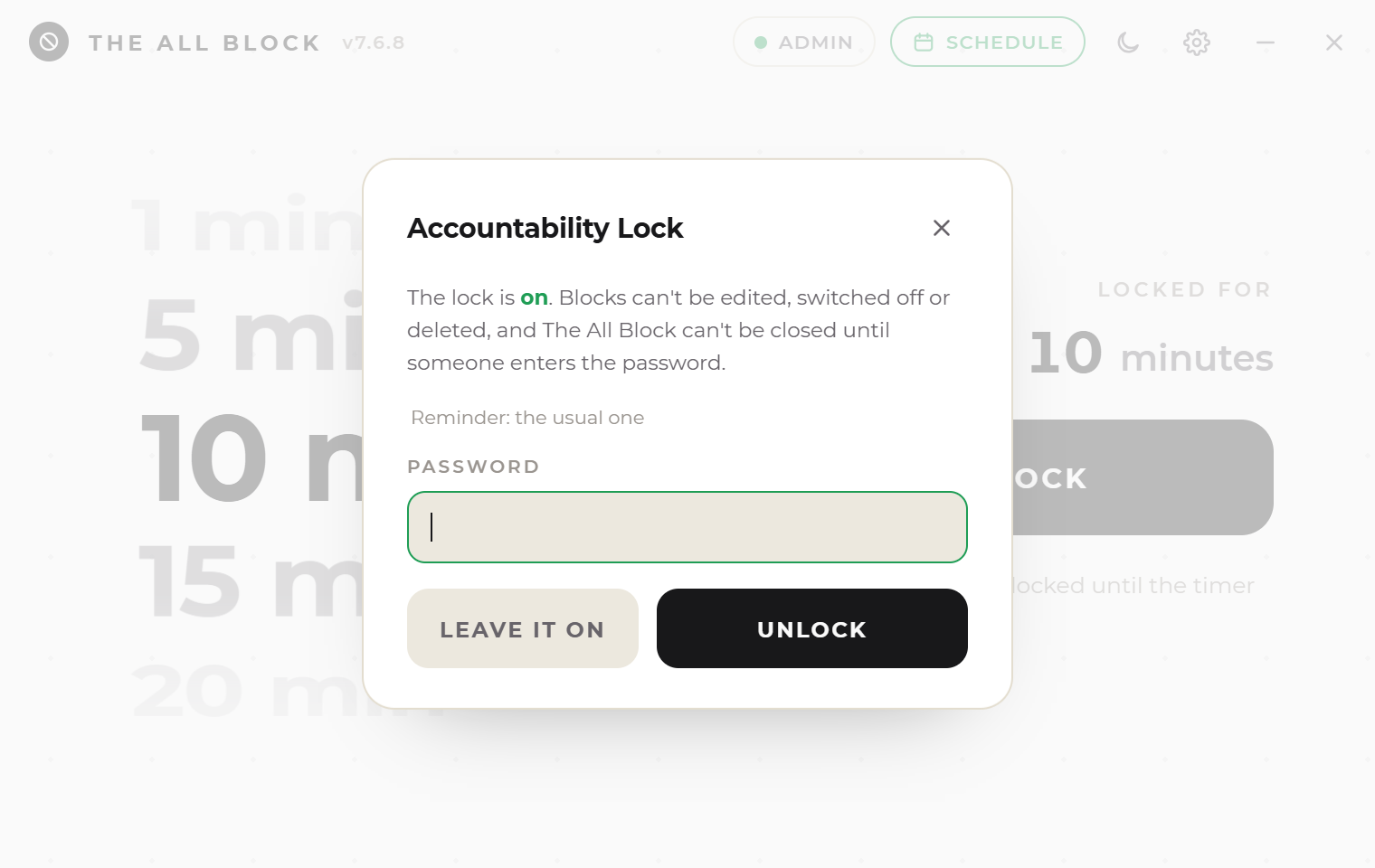 The Accountability Lock window in The All Block: the lock is on, with a reminder reading ask Mum, a password field, and buttons to leave it on or unlock
