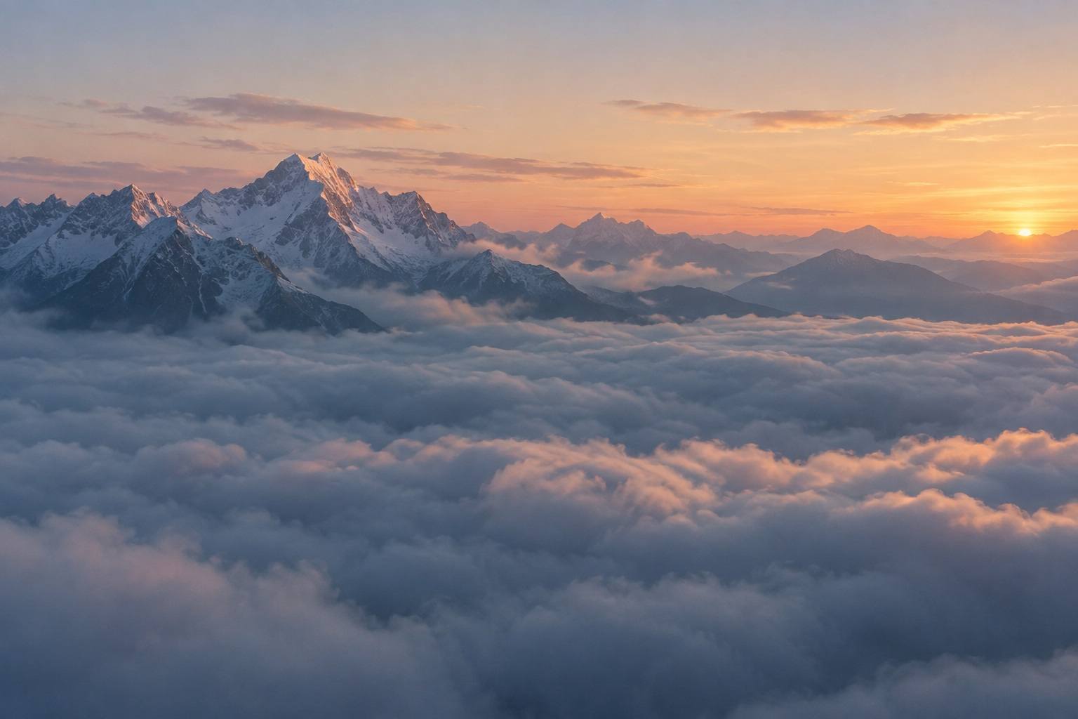 Snow-capped peaks rising above a sea of cloud at sunrise