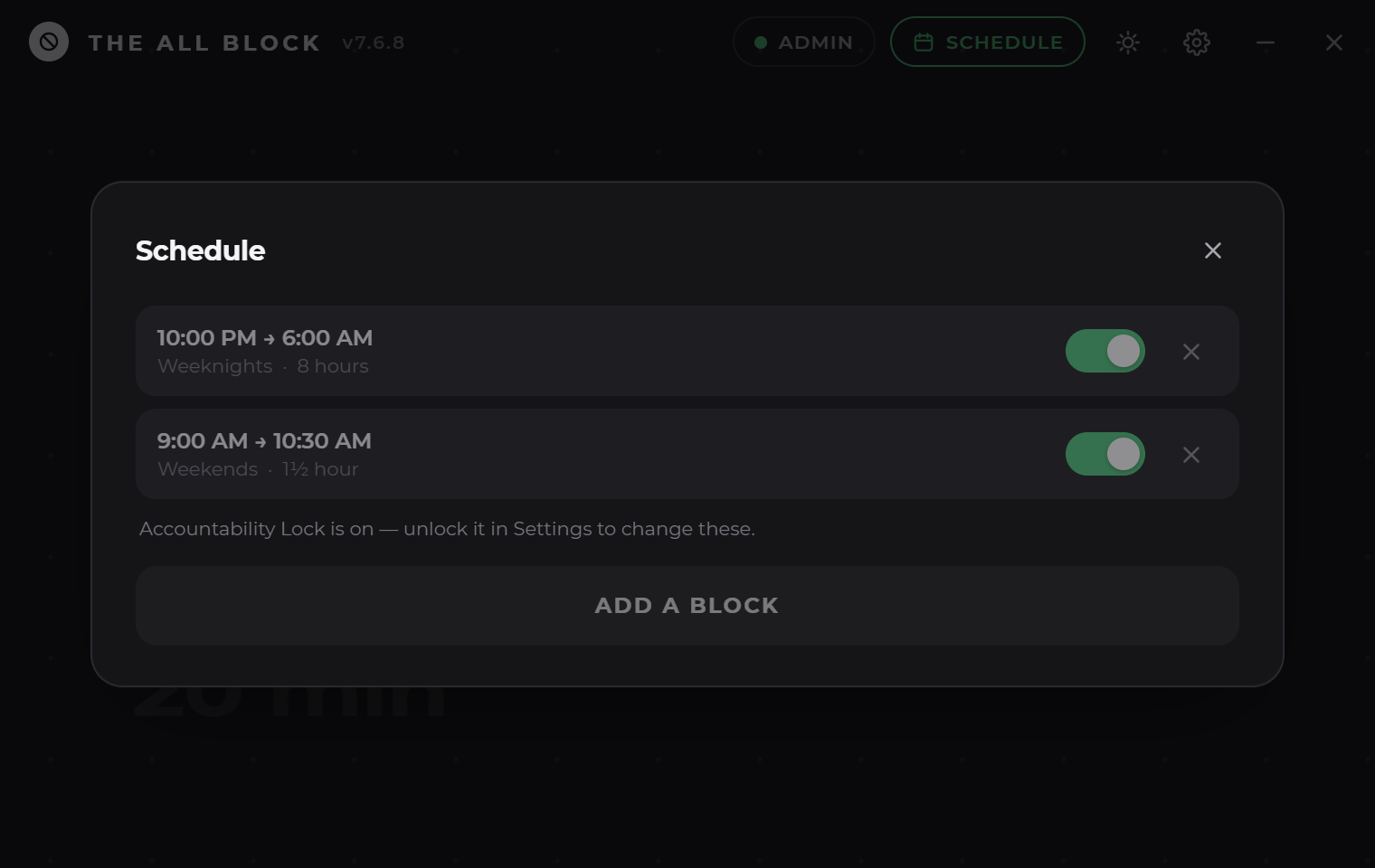 The Schedule window in dark theme, listing recurring blocks with on and off switches