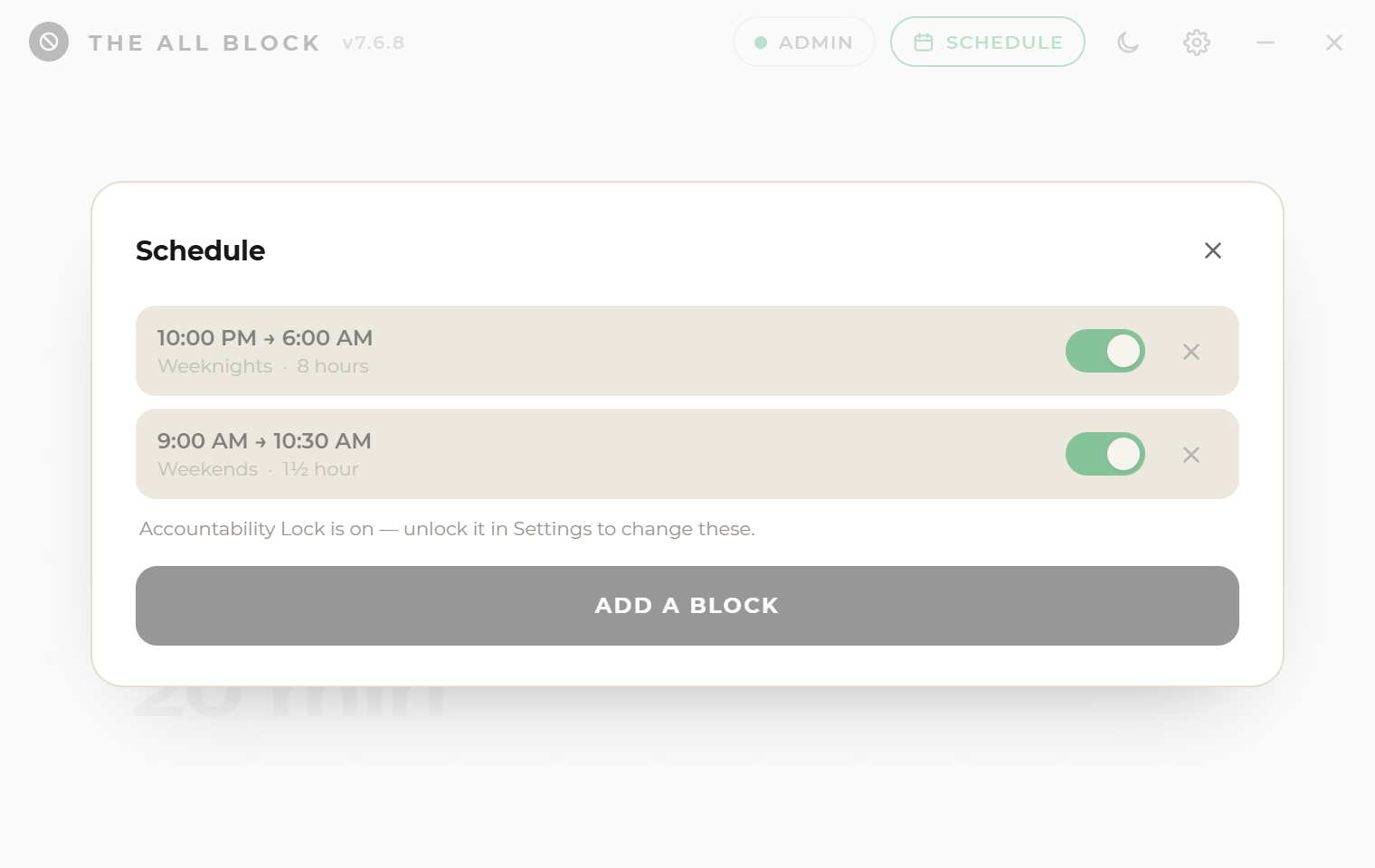 The Schedule window listing two recurring blocks, weekdays at 09:00 and every evening at 20:30, each with an on and off switch