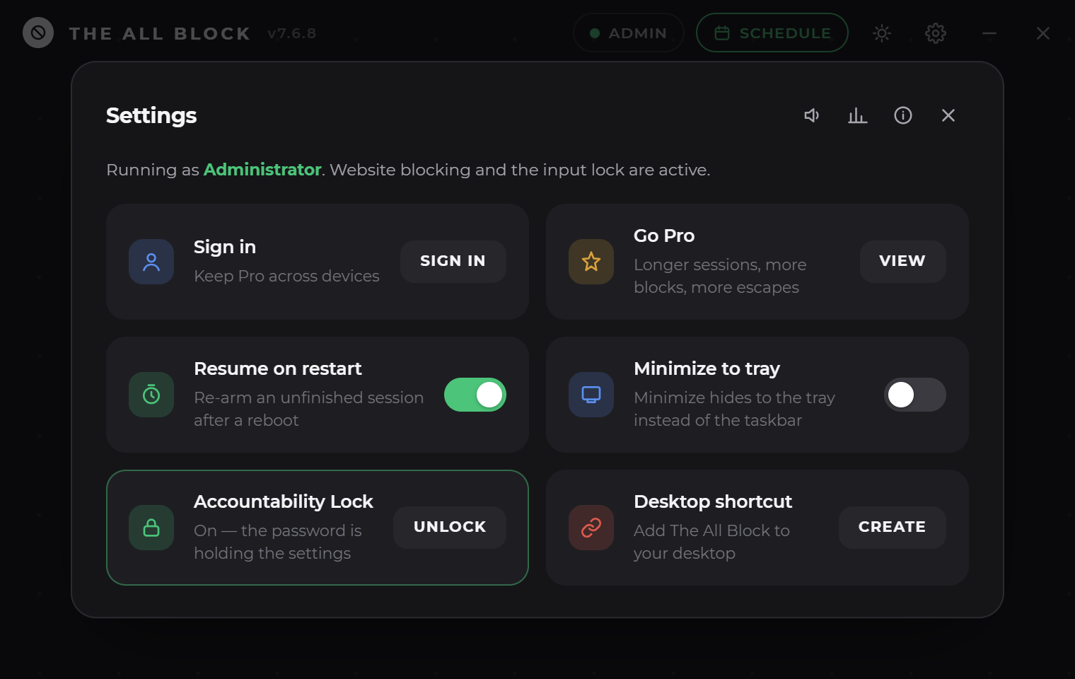 The All Block settings window in dark theme, with resume, stats, schedule and theme options