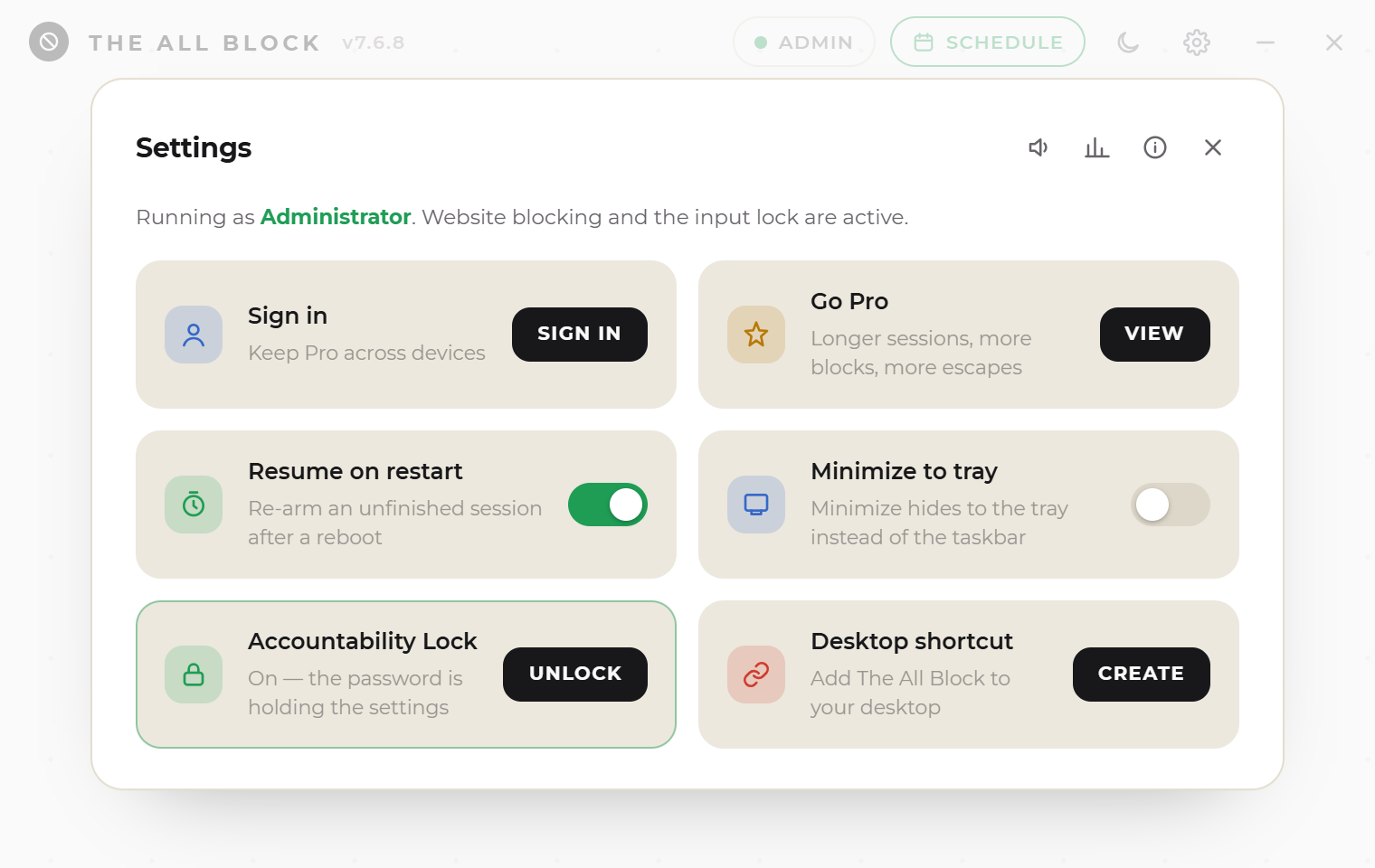 The All Block settings window: resume on restart, session stats, schedule, the Accountability Lock, a desktop shortcut, About, Go Pro and sign in