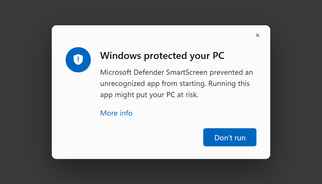 The Windows protected your PC dialog, with the More info link highlighted