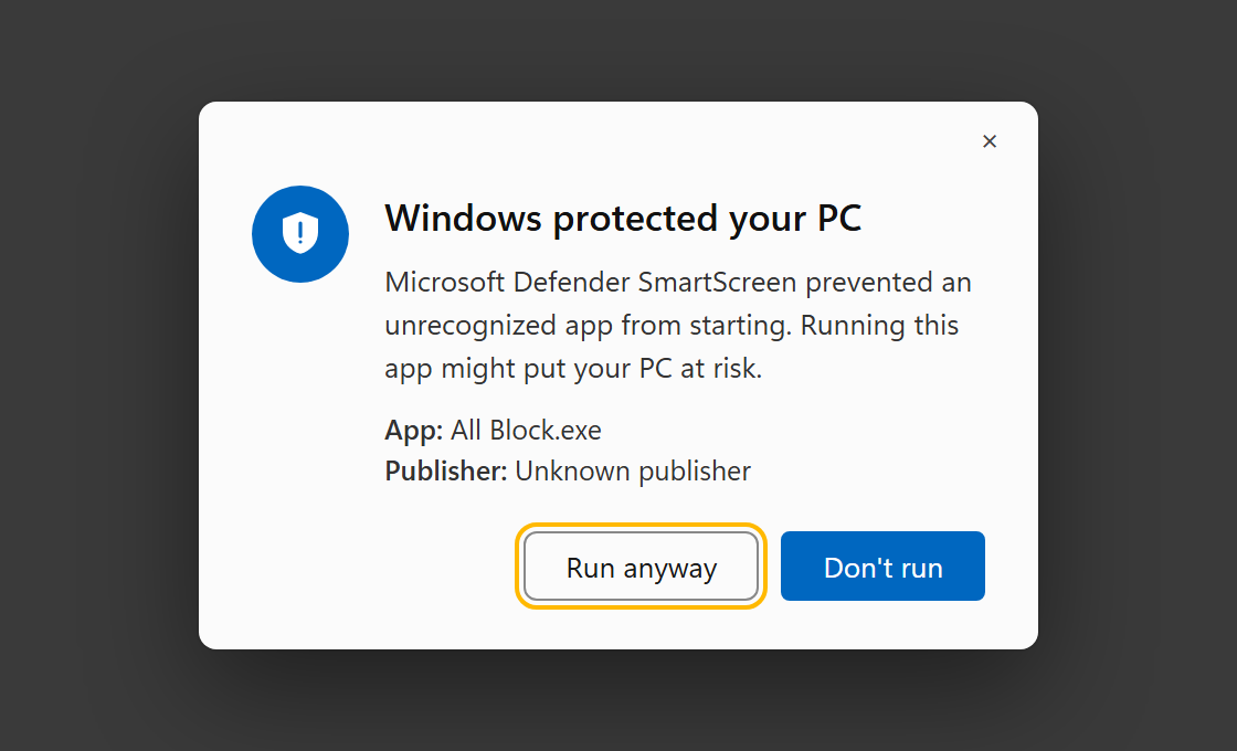 The expanded SmartScreen dialog showing the Run anyway button