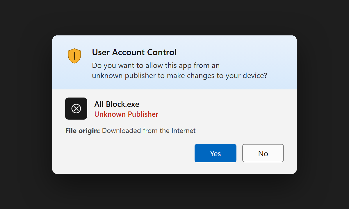 The Windows User Account Control prompt asking to allow The All Block to make changes