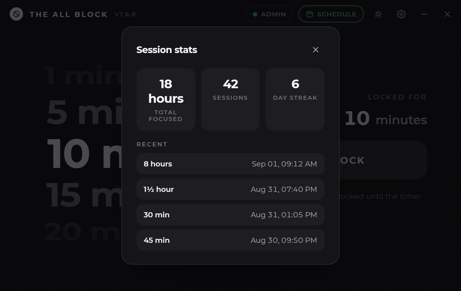 The session stats window in dark theme, showing total focus time, session count and a streak