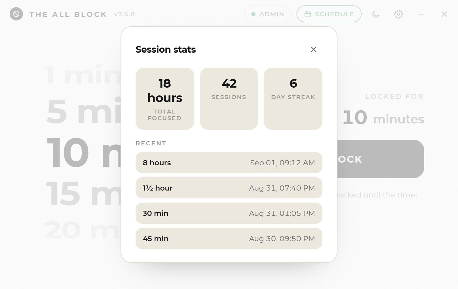 The Session stats window showing total focus time, session count, a six day streak and the four most recent sessions