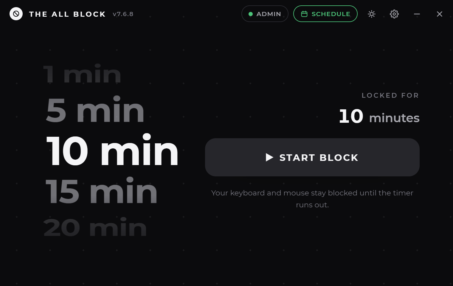 The All Block main window in dark theme showing the duration wheel set to 10 minutes