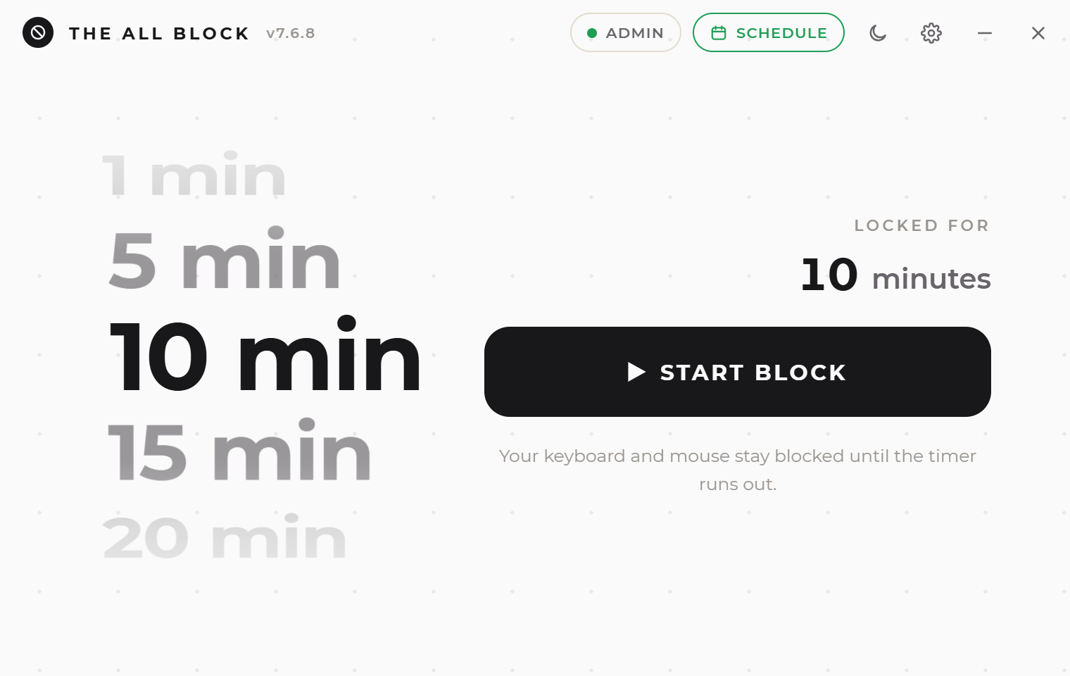 The All Block main window showing the duration wheel set to 10 minutes